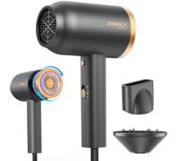 DEWILY Sèche-cheveux ionique avec diffuseur 1800W, séchage rapide, bouton chaud/froid, diffuseur thermostatique, 3 températures, 2 vitesses, avec concentrateur et boucleur, Noir Et Or