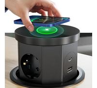 DewinLVD Prise Encastrable, Prise Plan de Travail à 3 Voies 2500W 16A 1 USB C et 1 USB A Câble 1,5m Bloc Prise Encastrable avec Chargeur sans Fil 15W pour Cuisines Bureaux