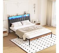 DEWINNER Cadre de lit 140 x 190 avec Base en métal, lit 2 Personnes, avec lumières LED et Prises Multiples (1 Prise AC, 2 Ports USB), avec casier, Hauteur 26,5 cm, Couleurs Vintage et Gris