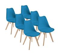 DEWINNER Chaises Salle à Manger, Chaise Scandinave Lot de 6, Chaise Bureau, Chaise Rembourrée de Cuisine Rétro, Chaise Salle Manger avec Pieds en Bois de Hêtre Massif, Bleu