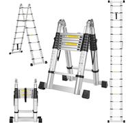 DEWINNER Échelle Télescopique 5m (2.5+2.5) - Échelle Pliante 2 en 1, Escabeau en Aluminium avec Crochets Amovibles pour Usage Intérieur et Extérieur, Charge Maximale 150 kg, Argenté