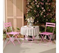 DEWINNER Ensemble De Table Et Chaises De Jardin, Salon De Jardin Extérieur 3 Pièces, Table Ronde avec 2 Chaises Pliantes, Pliable, Rose, Nappe Imperméable Incluse, pour Balcon, Terrasse, Cour