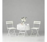 DEWINNER Ensemble De Table Et Chaises De Jardin, Salon De Jardin Extérieur 3 Pièces, Table Ronde avec 2 Chaises Pliantes, Pliable, Blanc, Nappe Imperméable Incluse, pour Balcon, Terrasse, Cour
