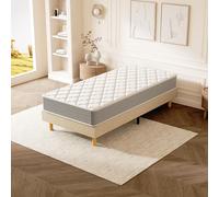 DEWINNER Ensemble Lit 90x190 avec Sommier et Matelas, Cadre en Bois, Métal et Tissus avec Pieds, Matelas Memoire de Forme Ép. 30 cm, Cadre de Lit 1 Personne Scandinave, Silencieux, Robuste, Beige