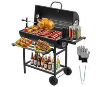 DEWINNER Grill XXL à Charbon de Bois, Acier au Carbone avec Couvercle & Thermomètre, Rôtissoire à Poulet Amovible, Gants Anti-Brûlures et Pince Offerts, Roulettes, Idéal Jardin/Terrasse/Camping