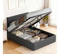 DEWINNER Lit Coffre 140x190 | Lit 140 x 190 avec Sommier à Lattes en Bois | Système Hydraulique avec Rangement Caché | Cadre de Lit en Lin Gris Foncé | Chambre Organisée (sans Matelas)