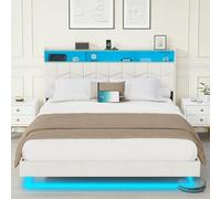 DEWINNER Lit Flottant 140x200 avec Sommier à Lattes | Lit Double avec Éclairage LED | Structure en Métal et Lattes en Bois Massif | Design Moderne pour Chambre Adulte et Ambiance Relaxante