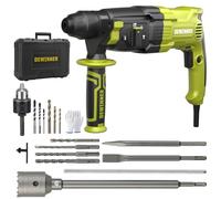 DEWINNER Marteau Perforateur 1100W 3.4 J, Marteau Perforateur 0-1500RPM/5500BPM avec 4 Fonctions et Embrayage de Sécurité, 20 Accessoires y compris la Scie Coche, Vitesse Variable, Béton, Acier, Bois