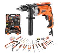 DEWINNER Perceuse électrique 910W 0-3000 tr/min, Perceuse à Percussion Filaire avec 115 Pièces Caisse à Outil Complete, Fonction 2 en 1, Mandrin de Perçage 13 mm, pour Béton, Métal et Bois