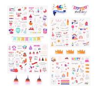 Dewocke Autocollants Joyeux Anniversaire, 4 Feuilles Set de Stickers Colorés pour Décorations de Fête, Scrapbooking, Livre d'Or, Cartes et Cadeaux - Gâteau Bougie Cadeau Gommette Esthétique