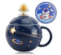 Dewocke Kawaii Astronaute Tasse mignonne avec couvercle, cuillère et soucoupe - Tasse à café en céramique Kawaii - Tasse à café pour café, thé, lait, décoration de pièce, cadeau d'anniversaire amusant