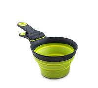 Dexas Popware Louche pliable pour contrôle des portions alimentaires des animaux de compagnie, design 3 en 1, tasse à mesurer, pelle à nourriture et clip pour sac, capacité 1/2 tasse, gris/vert