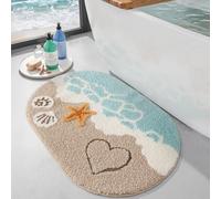 DEXI Tapis Salle de Bain Antidérapant 54 x 86 cm, Ovale Tapis Douch Absorbant et Lavable avec Motif Plage et étoile de mer, pour Baignoire, Chambre, Enfants, Beige et Bleu