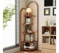 Dexinhdh Étagère d'angle en Rotin À 5 Niveaux, Organiseur d'angle À Plusieurs Niveaux pour Salon, Bambou Combiné avec Rotin, Structure Trigonométrique pour Salon, Chambre, Bureau(A)