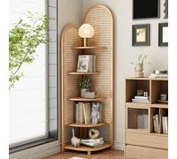 Dexinhdh Étagère d'angle en Rotin À 5 Niveaux, Organiseur d'angle À Plusieurs Niveaux pour Salon, Bambou Combiné Au Rotin, Espace De Comptoir Généreux, Convient Aux Espaces Restreints(C)