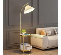 Dexinhdh Table de Chevet avec lampadaire, Table d'appoint en Bois à 2 Niveaux avec tiroirs, éclairage réglable à 3 Couleurs, pour Salon, Bureau, Chambre à Coucher(Gold)