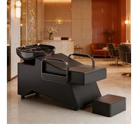 Dexinhdh Unité De Lavage pour Salon De Coiffure, Fauteuil De Lavage en Cuir PU avec Bac en Céramique, Repose-Pieds Indépendant, Structure Stable, pour Spa, Barbier(C)