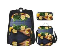DEXNEL Art Lot de 3 sacs à dos d'école assortis avec boîte à déjeuner Motif citron, Noir , Taille unique, Ensemble cartable