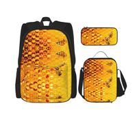 DEXNEL Bee On Honeycomb Sac à dos avec boîte à déjeuner Lot de 3 sacs à dos d'école assortis pour application de l'univers, Noir , Taille unique, Ensemble cartable