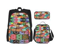 DEXNEL Ensemble de 3 pièces avec sac à dos, sac à déjeuner, trousse à crayons et motif chien, Donuts, Taille unique