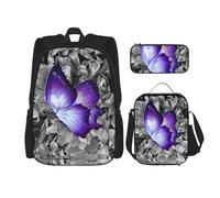 DEXNEL Ensemble de 3 sacs à dos, sac à déjeuner, trousse à crayons, grande capacité, motif floral, Papillon violet, Taille unique