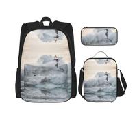 DEXNEL Lighthouse in Storm Lot de 3 sacs à dos d'école assortis avec boîte à déjeuner pour application de l'univers, Noir , Taille unique, Ensemble cartable