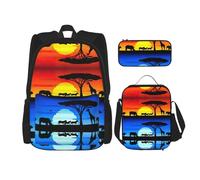 DEXNEL Lot de 3 sacs à dos avec boîte à déjeuner Motif animaux du coucher du soleil, Noir , Taille unique, Ensemble cartable