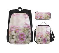 DEXNEL Lot de 3 sacs à dos de style rétro avec boîte à déjeuner - Motif fleurs roses - Combinaison assortie pour une utilisation dans l'univers, Noir , Taille unique, Ensemble cartable