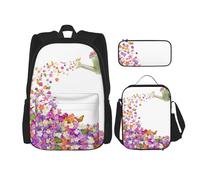 DEXNEL Lot de 3 sacs à dos d'école assortis avec boîte à déjeuner Motif papillons et fleurs de narcisse, Noir , Taille unique, Ensemble cartable