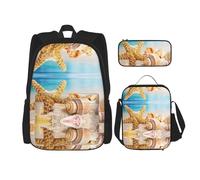 DEXNEL Lot de 3 sacs à dos d'école assortis en forme d'étoile de mer et de plage avec boîte à déjeuner pour application de l'univers, Noir , Taille unique, Ensemble cartable