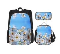 DEXNEL Lot de 3 sacs à dos d'école avec boîte à déjeuner Motif marguerites blanches, Noir , Taille unique, Ensemble cartable