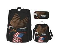 DEXNEL Lot de 3 sacs à dos d'école avec motif aigle patriotique américain avec drapeau américain et boîte à déjeuner assortis pour application de l'univers, Noir , Taille unique, Ensemble cartable