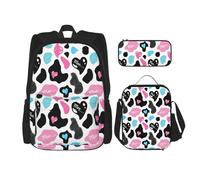 DEXNEL Moo Love Lot de 3 sacs à dos d'école assortis en peau de vache avec boîte à déjeuner, Noir , Taille unique, Ensemble cartable