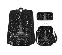 DEXNEL Night Paris Tour Eiffel Sac à dos avec boîte à déjeuner Lot de 3 sacs à dos d'école assortis pour application de l'univers, Noir , Taille unique, Ensemble cartable