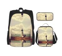 DEXNEL Old Lighthouse Lot de 3 sacs à dos d'école assortis avec boîte à déjeuner pour application de l'univers, Noir , Taille unique, Ensemble cartable