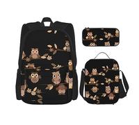 DEXNEL Sac à dos grande capacité imprimé vache sac à déjeuner trousse combinaison 3 pièces, Chouettes mignonnes marron, Taille unique, Moderne