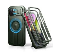 Dexnor Coque Compatible avec iPhone 13/14 Magnétique avec Couverture de Caméra Coulissante & Support Réglable & Film de Protection D'écran Intégré, Boîtier de Pare Chocs Robuste - Vert Militaire