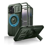 Dexnor Coque Compatible avec iPhone 14 Pro Magnétique avec Couverture de Caméra Coulissante & Support Réglable & Film de Protection D'écran Intégré, Boîtier de Pare Chocs Robuste - Vert Militaire