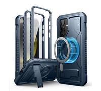 Dexnor Coque Magnétique pour Samsung Galaxy S24, Compatible avec MagSafe 【Double Cadre Avant & Support & Protecteur d'écran】, Coque de Protection Antichoc de Grade Militaire - Bleu Marine