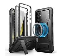 Dexnor Coque Magnétique pour Samsung Galaxy S24 Plus, Compatible avec MagSafe 【Double Cadre Avant & Support & Protecteur d'écran】, Coque de Protection Antichoc de Grade Militaire - Noir