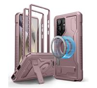 Dexnor Coque Magnétique pour Samsung Galaxy S24 Ultra, Compatible avec MagSafe 【Double Cadre Avant & Support & Protecteur d'écran】, Coque de Protection Antichoc de Grade Militaire - Poudre Pivoine