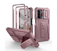 Dexnor Coque pour Samsung Galaxy A17 avec Couverture de Caméra Diapositive Mise à Niveau & 2 Cadres Frontaux & Protecteur D'écran Intégré et Pied à Bascule,Cas Robuste Haute Résistance,Poudre Pivoine