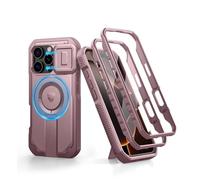 Dexnor pour Coque iPhone 16 Pro Magnétique avec Couverture de Caméra Coulissante & Support Réglable & Film de Protection D'écran Intégré, Boîtier de Résistant aux Pare Chocs Robuste - Poudre Pivoine