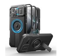 Dexnor pour Coque iPhone 16 Pro Max Magnétique avec Couverture de Caméra Coulissante & Support Réglable & Film de Protection D'écran Intégré, Boîtier de Résistant aux Pare Chocs Robuste - Noir