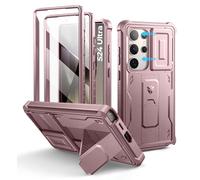 Dexnor pour Coque Samsung Galaxy S24 Ultra【Double Cadre Avant et Support】 avec CaméRa Coulissante Intégrée & Protecteur d'écran, Coque de Protection Robuste Résistante Aux Chocs - Poudre Pivoine