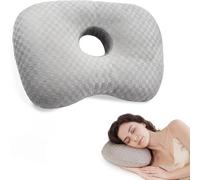 Dexpally Coussin Piercing Oreille 44x32x5cm - Trou Central 8.9cm,Oreiller avec Trou Coussin Piercing pour Dormeurs Côté, Anti-Douleur & Anti-Inflammation. (Gris)