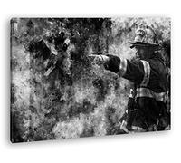 deyoli Format d'illustration de pompiers : 120 x 80 - Effet : noir/blanc comme toile - Motif prêt à être encadré sur un cadre en bois véritable - Impression numérique de qualité supérieure avec cadre
