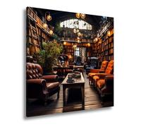 deyoli Impression sur toile Coin de lecture confortable dans la lumière chaude d'une ancienne bibliothèque Format : 60 x 60 cm XXL Impression d'art sur châssis Décoration murale pour salon