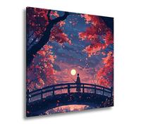 deyoli Impression sur toile représentant un guerrier solitaire sur un pont dans la lumière de la lune rouge d'automne - Format : 60 x 60 cm - Impression d'art XXL sur châssis - Décoration de salon
