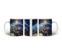 deyoli Tasse à motif de la terre lumineuse dans l'espace, se réveillant au lever du soleil, 300 ml, en céramique blanche/tasse à café/idée cadeau